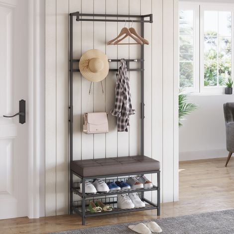 Appendiabiti/porta abiti con 5 ganci e panca porta scarpe a 2 livelli, armadio in metallo per ingresso, camera da letto, 72,5 x 35 x 180 cm
