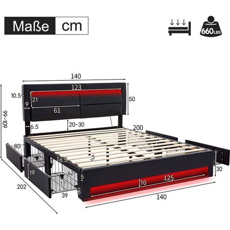 Lit double 140x200 cm en pu avec USB et éclairage LED,lit coffre avec 4 tiroirs et sommier à lattes pour enfant/adulte,noir (1/5)