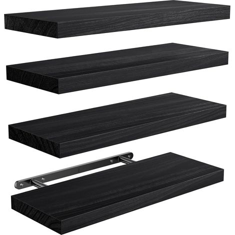 Etagere Murale 40 cm, Bois de Paulownia, Lot de 4, Noir Étagères murales à supports métalliques cachés, 10 kg par tablette, pour salle de bain, chambre, bureau, salon et cuisine (1/5)