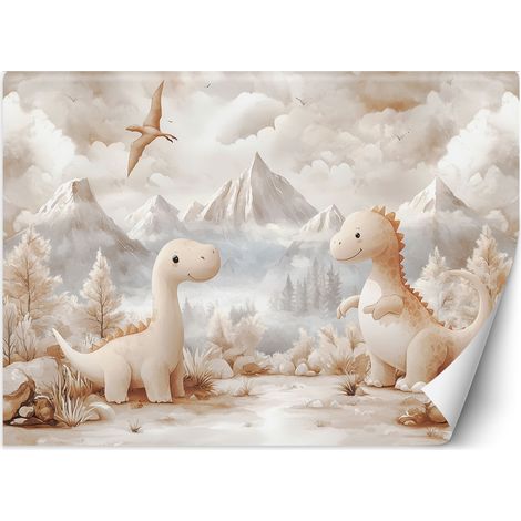Tapete für Kinderzimmer Süße kleine Dinosaurier Beige Landschaft 300x210 cm (1/5)