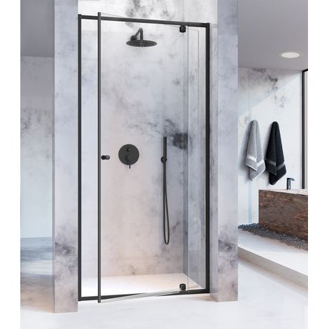 KASSANDRA PIVOT Mampara Frente Ducha Fijo 5 mm +  Puerta Abatible Pivotante 6 mm Negro Mate Transparente - Medida: 67-77 CM - ref: PV5030516S200067 (1/2)