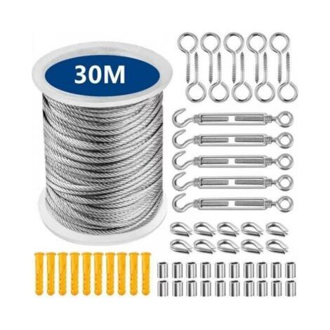 Corde en Acier Inoxydable à Suspendre Kit 30 Mètres Corde en Acier Inoxydable, Kit de Câble Métallique en Acier Inoxydable 304 avec Tendeur et Crochets (1/5)