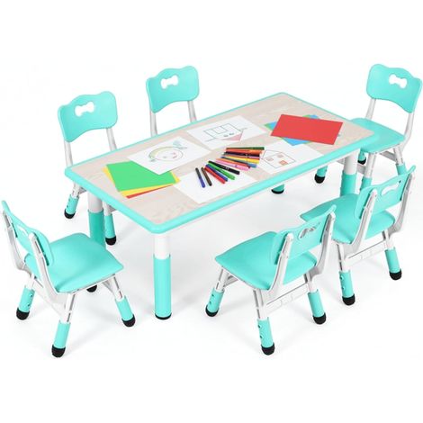 Kindertisch mit 6 Stühlen, Höhenverstellbare Sitzgruppe, Minzgrün 7-teilige Kindermöbel aus Kunststoff für Kindergarten & Kinderzimmer, langlebiges Kindertischset für Jungen & Mädchen (1/5)