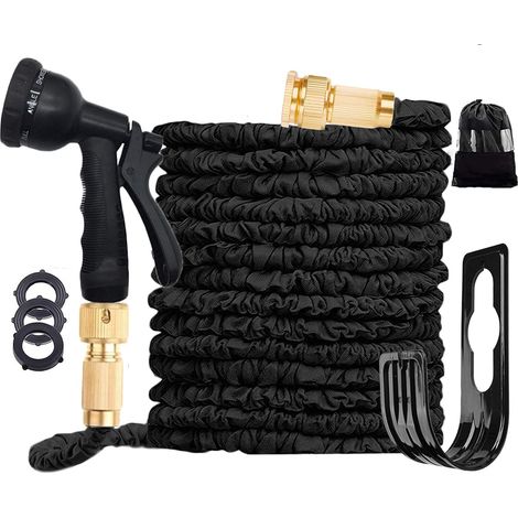 Tuyaux d'arrosage Magique Extensible Jusqu’à 15 m, Anti-Fuite, Raccords en Laiton, Support de Tuyau, Sac de Rangement (Noir) (1/5)