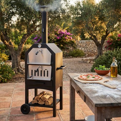 Forno a legna rettangolare in metallo grigio e nero per pizza italy