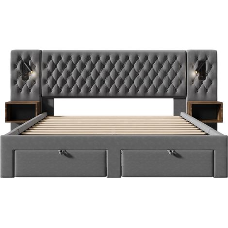 Lit double 160x200 cm avec 2 tables de chevet, 4 tiroirs et LED gris velours HOMVRA (1/5)