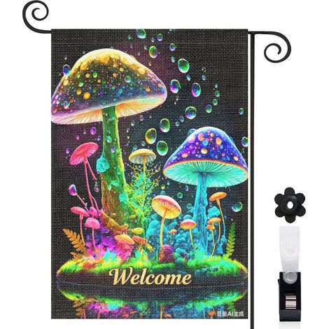 Drapeau de jardin décoratif 30 x 45 cm motif champignons lumineux style conte de fées toile double face (1/5)