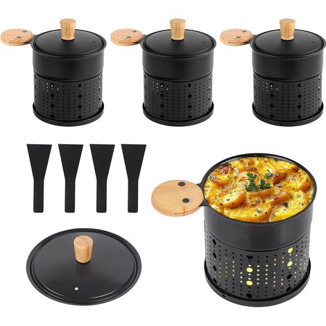 Lot de 4 Appareil Raclette Bougie à Revêtement Antiadhésif,Poêlon Raclette Individuelle de Fusion Rapide sans Fil pour Fromage Fondu Chocolat Oeuf Frit à Table,dans Jardin,en Camping,4 Spatules