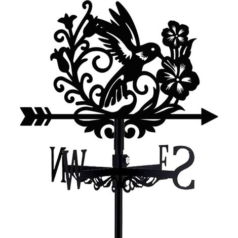 Girouette en forme d'oiseau - Colibri noir - Métal - Avec fleurs - Convient aux toitures végétalisées - Panneau indicateur - Moulin à vent décoratif d'extérieur avec support