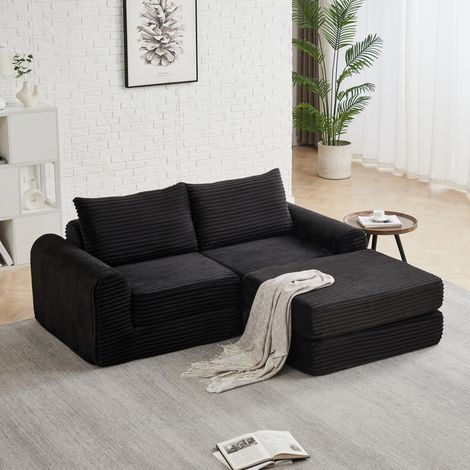 Divano letto in velluto a coste nero modulare 2 in 1 con poggiapiedi rimovibile (1/5)