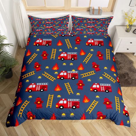 Parure de lit pour enfant - Housse de couette 155 x 220 cm - Motif camion de pompier - Housse de couette respirante - Fermeture éclair (1/5)