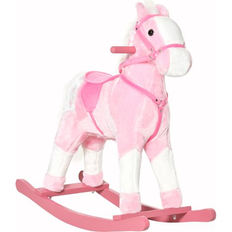 Cheval à bascule rose 3 à 6 ans avec hennissement et peluche douce, jouet enfant design sobre pour motricité pratique et tendre