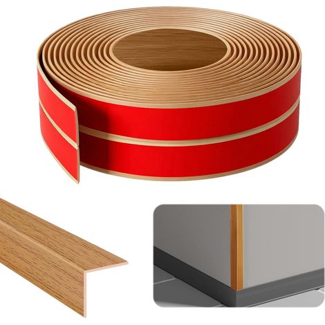 Self-Adhesive Wall Skirting Boards, 1cm x 1cm x 4m, Self-Adhesive Corner Skirting Board, PVC Skirting Board, Soft Edge Protection Skirting Board, for Doors, Windows, Walls (Yellow Oak Stripe) (1/5)