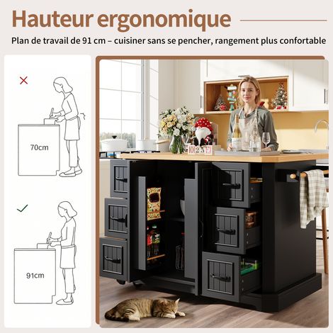 Cuisine mobile, armoire de cuisine, chariot de cuisine avec 2 portes et 6 tiroirs. Équipé d’une roue qui permet son déplacement. Dimensions : 120 x 45(75) x 91 cm. Couleur : blanc/noir (1/5)