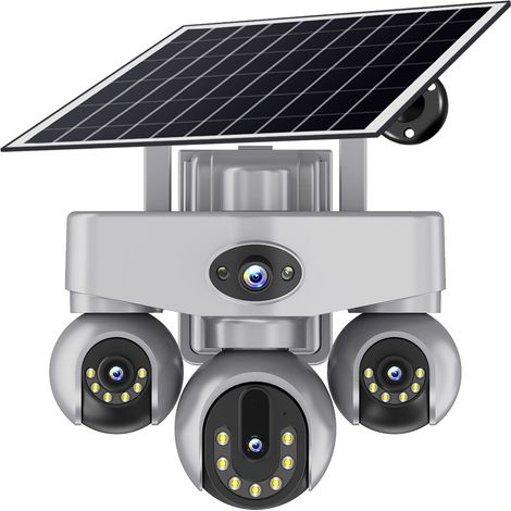 Caméra de surveillance solaire 4G 4 objectifs 8MP V380 Pro, caméra PTZ extérieure AOV, quatre vues simultanées, vision nocturne double lumière, rotation horizontale 355° verticale 90°, zoom numérique (1/5)