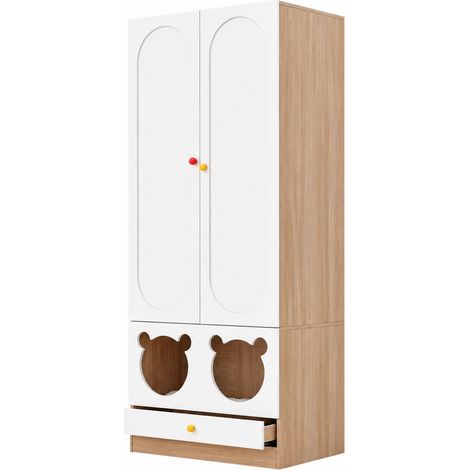 Armadio infantile a due ante in MDF, 80 x 50 x 200 cm, bianco e legno, HOMVRA (1/5)