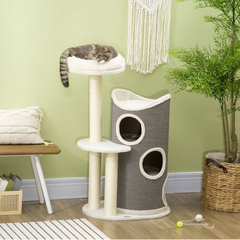 Árbol rascador para gatos 109 cm con cesta, torre y sisal, blanco gris DESVIAE (1/5)