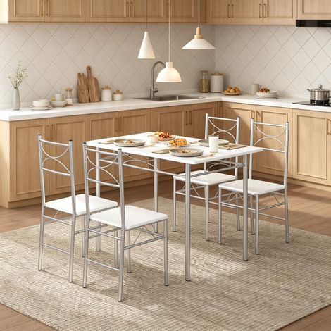 Ensemble table à manger 4 personnes avec 4 chaises, 110x70x76 cm, MDF et métal, blanc et argent