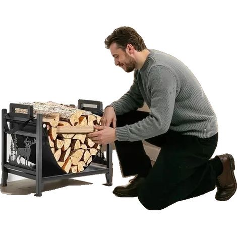 Soporte para leña, acero con recubrimiento en polvo, dimensiones 450 x 315 x 415 mm, capacidad de carga 18,1 kg, diseño curvo, soporte de lona. (1/5)