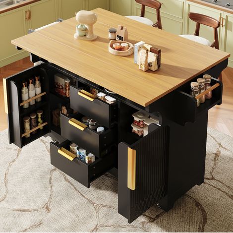 Isla de cocina sobre ruedas 120-197x40/80x95 cm con bandejas abatibles, 3 cajones y compartimento de almacenaje, MDF - negro (1/5)