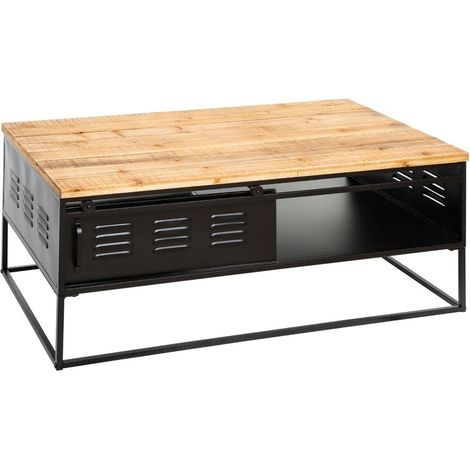 Table basse avec rangements en sapin et fer - Longueur 110 x Hauteur 45 x Profondeur 60 cm -PEGANE-