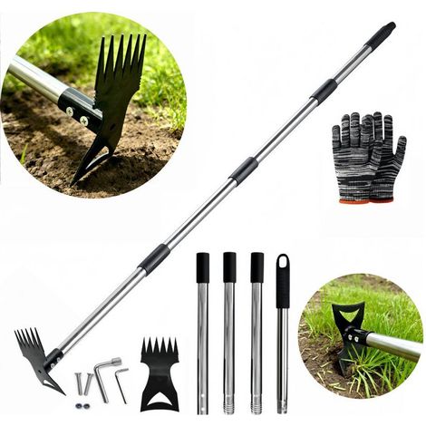 Outil 2 en 1 pour désherber, avec long manche et double tête. Outil robuste en acier au manganèse pour arracher les mauvaises herbes dans les pelouses, les cours, les terrasses et les jardins. (1/5)
