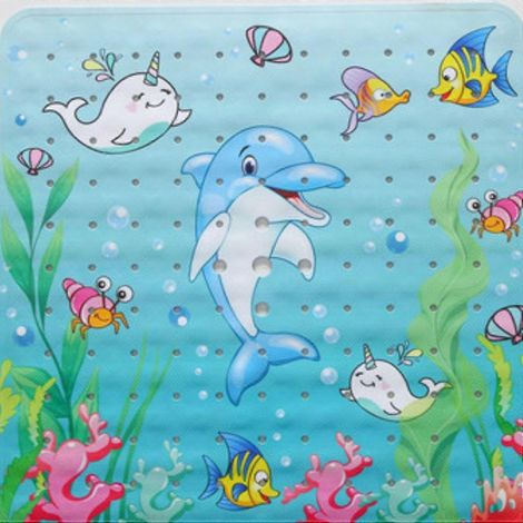 Tapis de douche carré antidérapant - Petit tapis de douche antidérapant - Tapis de sol de douche pour enfants - Tapis de douche antidérapant - (Dauphin 21x21) (1/2)