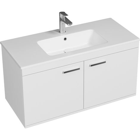 Saniverre – Meuble sous vasque simple 100 cm – Panneaux de particules mélaminés – Finition bois satiné – Vasque céramique blanche brillante (1/4)