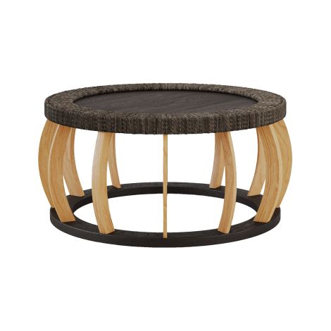Table basse ronde vintage en rotin et bois massif – Table d'appoint bohème aux pieds incurvés pour salle à manger, cuisine et salon – Noir et marron