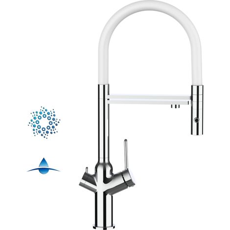 Rubinetto 4 vie miscelatore cucina cromato con canale separato per acqua filtrata, canna bianca movibile e doccia due getti staccabile - serie BOD (1/4)
