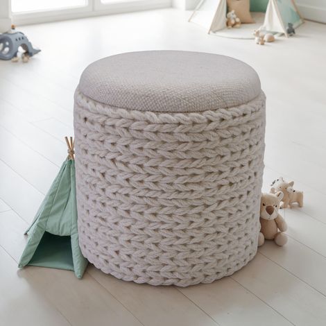 Pouf avec coffre de rangement 40x45 cm en laine tressée crème (1/5)