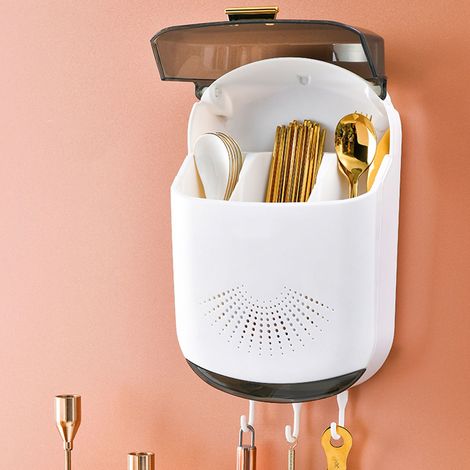 Porte-baguettes mural pour la maison avec couvercle et conception anti-poussière, cage à baguettes de cuisine, égouttoir à vaisselle, boîte de rangement égouttoir, 8003 blanc. (1/5)