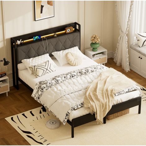 Cama doble 140x190 cm en tela y acero, gris, con LED y carga, para dormitorio – MEUBLIV (1/5)