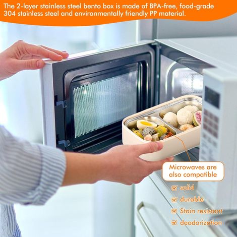 Boîte à déjeuner à 2 étages sans BPA, acier inoxydable, compartiments, couverts, idéale pour les déplacements (1/2)