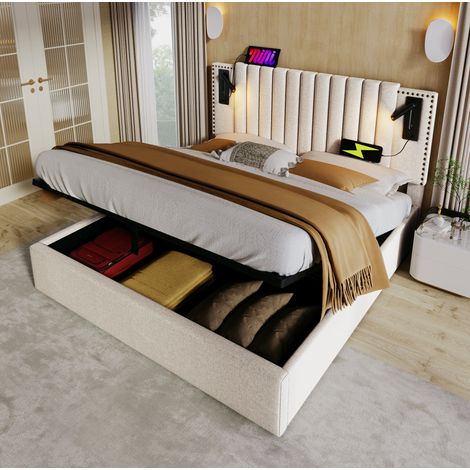 letto contenitore 180x200 USB luce lettura beige OKMYHOME (1/5)