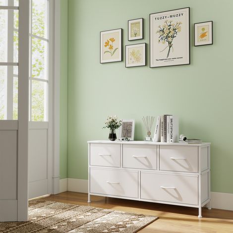 Commode, 5 Tiroirs en Tissu Non-tissé, pour Chambre, Blanc