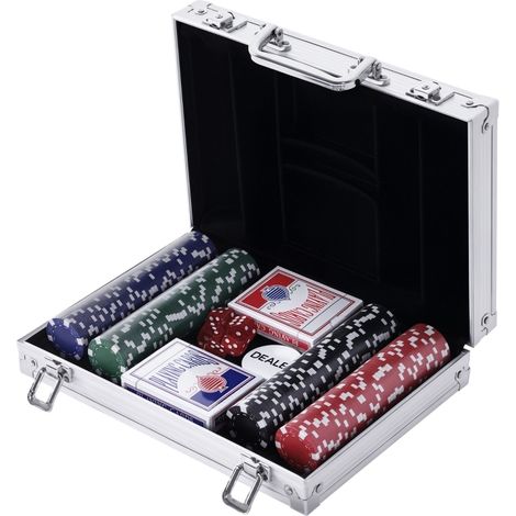 Coffret poker 200 jetons 2 jeux cartes 5 dés étui aluminium 29,5 x 20,5 x 6,5 cm