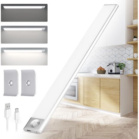 60cm Lampe de Placard, Détecteur de Mouvement, Lumière Sans Fil, Rechargeable USB, Bande Magnetique Adhésive Veilleuse Placard Led Autocollant Convient à Armoires, Cuisines, Couloirs,Silver