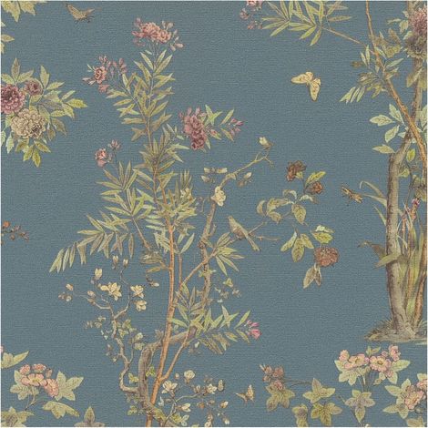 Papier peint floral Profhome 790434 papier peint intissé gaufré à chaud légèrement texturé avec des ornements floraux mat bleu vert-olive brun rose 5,33 m2 (1/5)