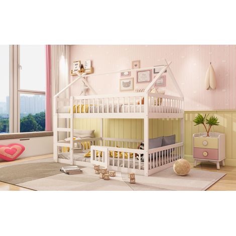 Lit superposé enfant 140x200 cm, lit familial bois massif blanc, échelle intégrée, design loft, cadre lit étage robuste pour chambre kids (1/5)