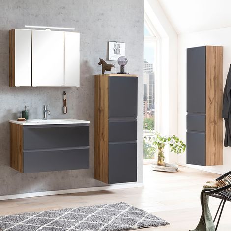 Badezimmer Möbel Set mit Waschbecken und LED Beleuchtung, Wotan Eiche Nb. mit matt grau, VASTO-03-GREY (1/5)