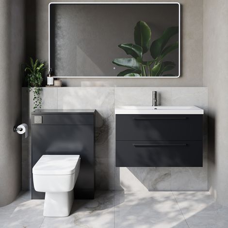 Napoli 390 Cento Gloss Grey 1400mm Wall Mounted 2 Drawer Vanity Unit and Toilet Suite with Glide Basin - 1400mm - Gunmetal Grey 480mm HandleWith Kingston Toilet Pan and Seat