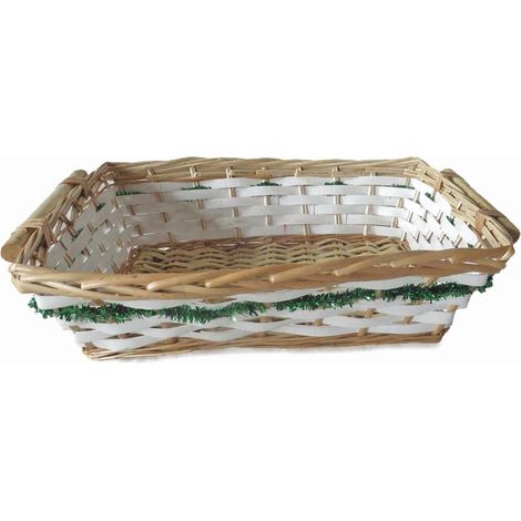 Cesto rettangolare in vimini bianco con ghirlanda verde (kit da 3)