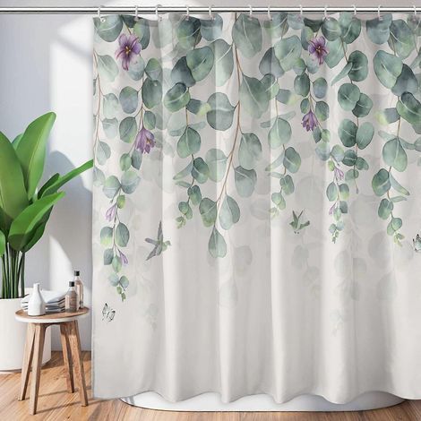 Rideau de douche anti-moisissure, 180x180cm, motif feuilles d'eucalyptus vertes et fleurs violettes, rideau de bain en polyester avec 12 crochets (1/5)