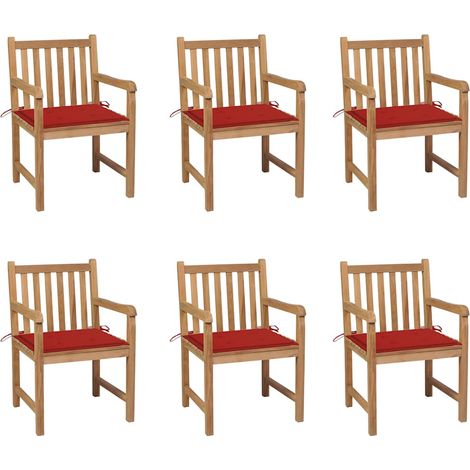 vidaXL Chaises de jardin lot de 6 et coussins rouge Bois teck massif (1/5)