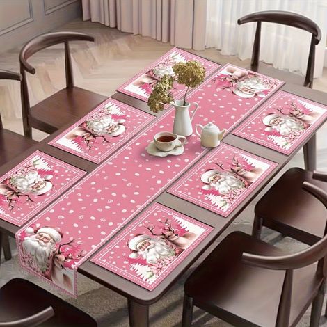 JSSEVN - Camino de mesa navideño rosa, manteles individuales de tela con Papá Noel, manteles individuales navideños para la cocina, el hogar y la decoración del comedor, decoración de mesa navideña ro (1/5)