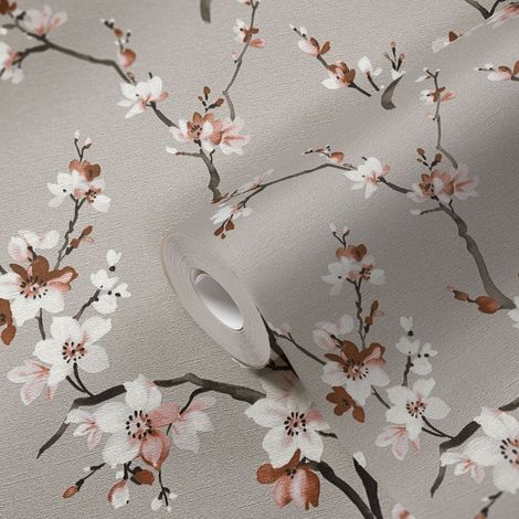 A.S. Creations – Papier peint à motif floral gris – Tapisserie botanique à fleurs oranges – Pour chambre – Intissé sans œillets (1/5)