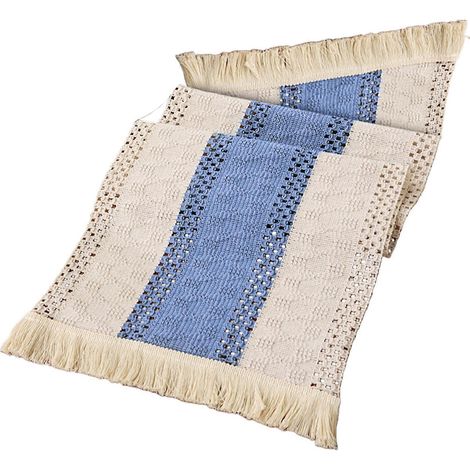Chemin de table en polyester lavable 30 x 140 cm, orné de pompons décoratifs, bleu, idéal pour les occasions spéciales. (1/5)