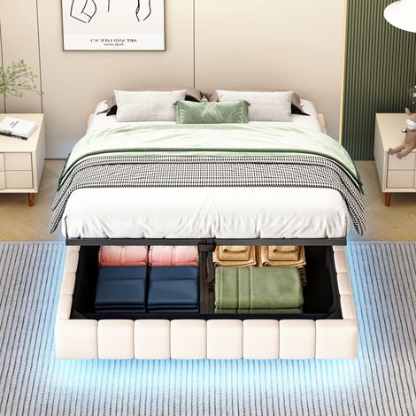 Cama tapizada de lino beige 140x200 cm con almacenamiento y LED, sin cabecero (1/5)