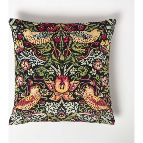 HOMESCAPES Black William Morris Strawberry Thief Velvet Cushion (1/5)